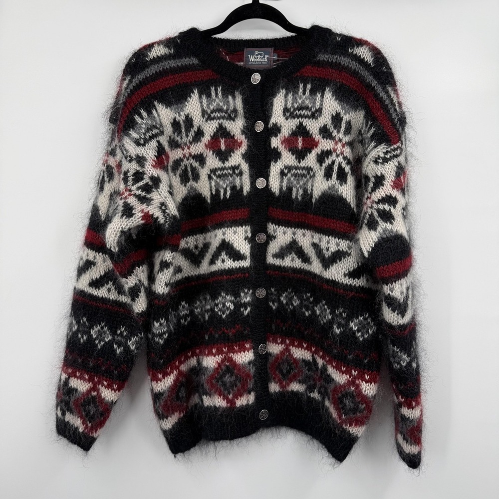 Woolrich Sweater Womens Large Black Mohair Acrylic Cardigan Fair Isle Vintage